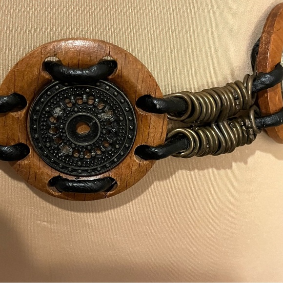 Artisan Wood & Metal Mixed Media Boho Festival Belt, Size Small - Picture 2 of 4